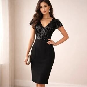 NWT Dress the Population 'Jaleah' Black Sequin Sheath Midi Dress Size XS